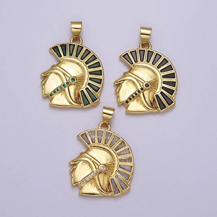 Gold Filled Micro Paved CZ Trojan Knight Green Black Clear Baguette Greek Corinthian Helmet Pendant J-772 J-764 J-766 for wholesale by Aim Eternal