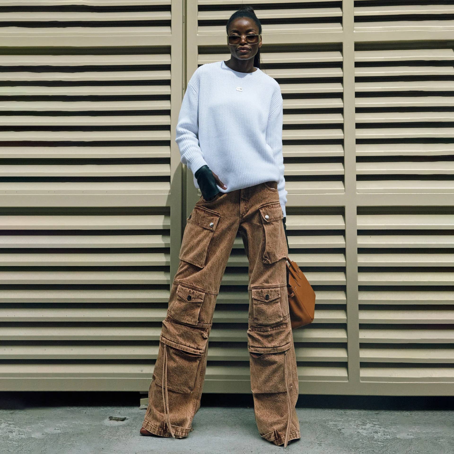 Brown Pocket patchwork jeans straight high waist vintage zipper  for wholesale on Faire1