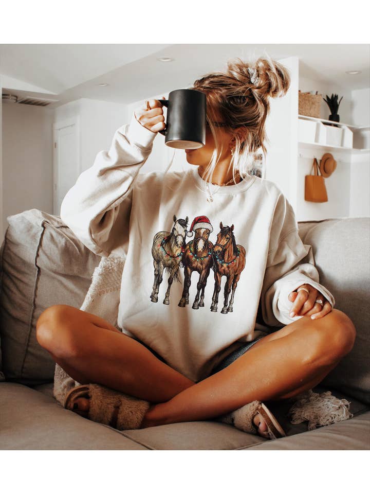NVC Ecommerce LLC - Wholesale T-Shirt (Graphic) - Women's - Christmas Horses Sweatshirt, Cowboy Christmas Shirt