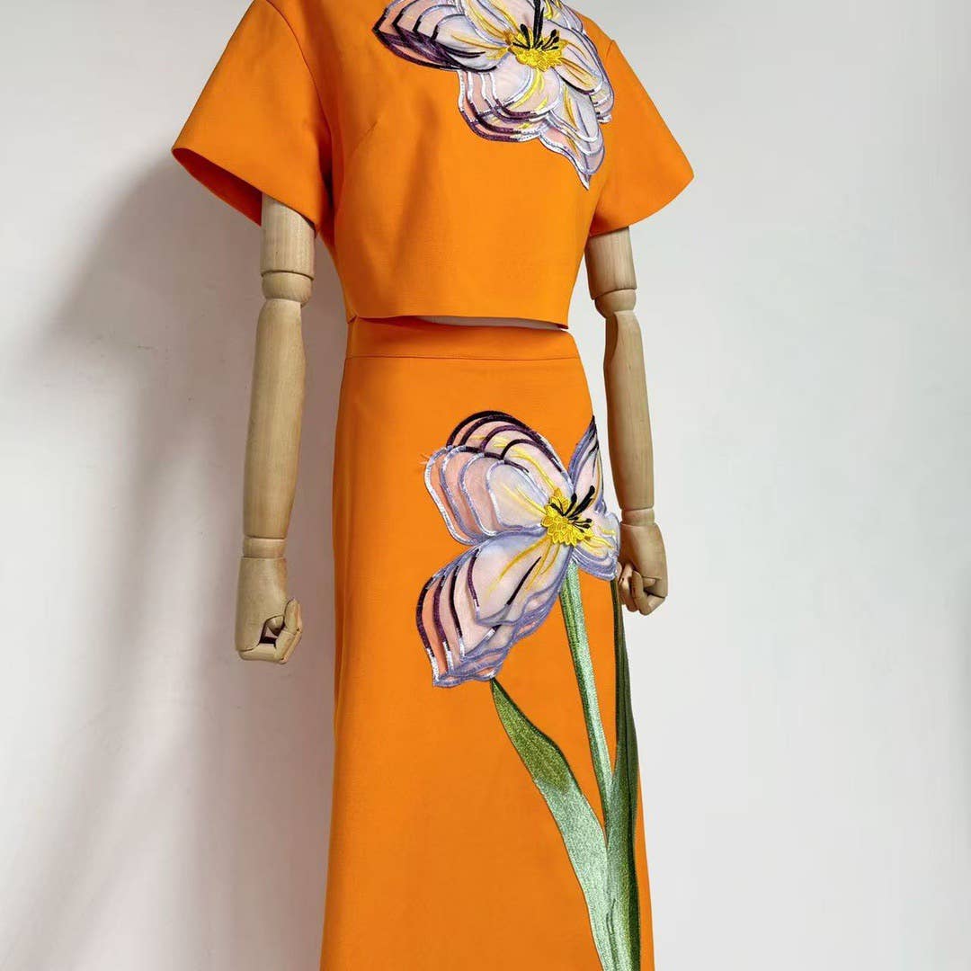 Productseeker - Vendita all'ingrosso Completo top e gonna - Donna - Completo Estivo Elegante 3D con Fiori a Maniche Corte e Gonna 21Y31