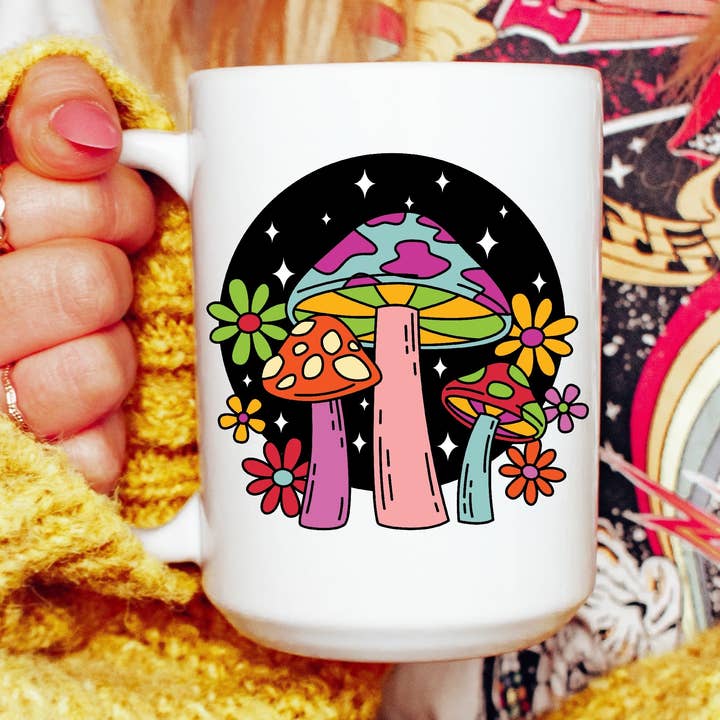 Groovy Retro Mushroom Mug for wholesale by Ace the Pitmatian Co