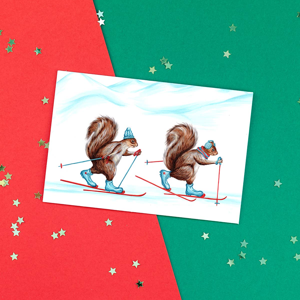 Sardines Studio - Wholesale Christmas Card - Squirrels Cross Country Skiing Greeting Card2