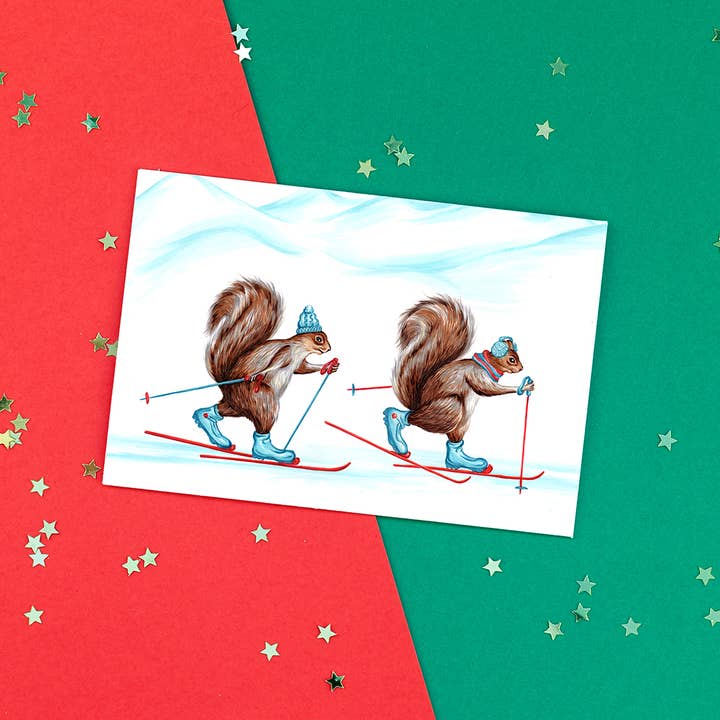 Sardines Studio - Wholesale Christmas Card - Squirrels Cross Country Skiing Greeting Card2
