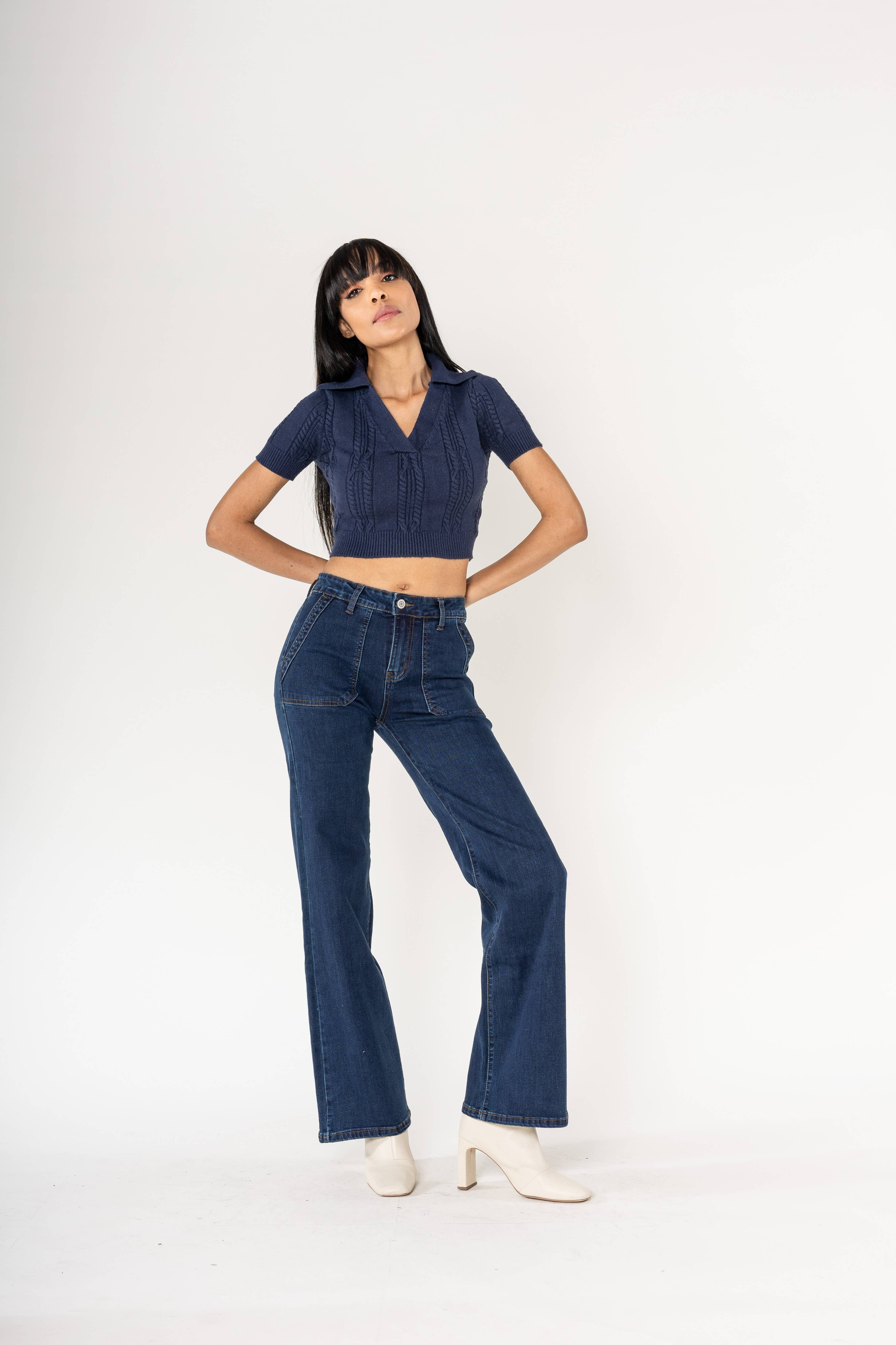 Nina Carter - Vendita all'ingrosso Jeans - Donna - Jeans svasati elasticizzati a vita alta larghi P12312