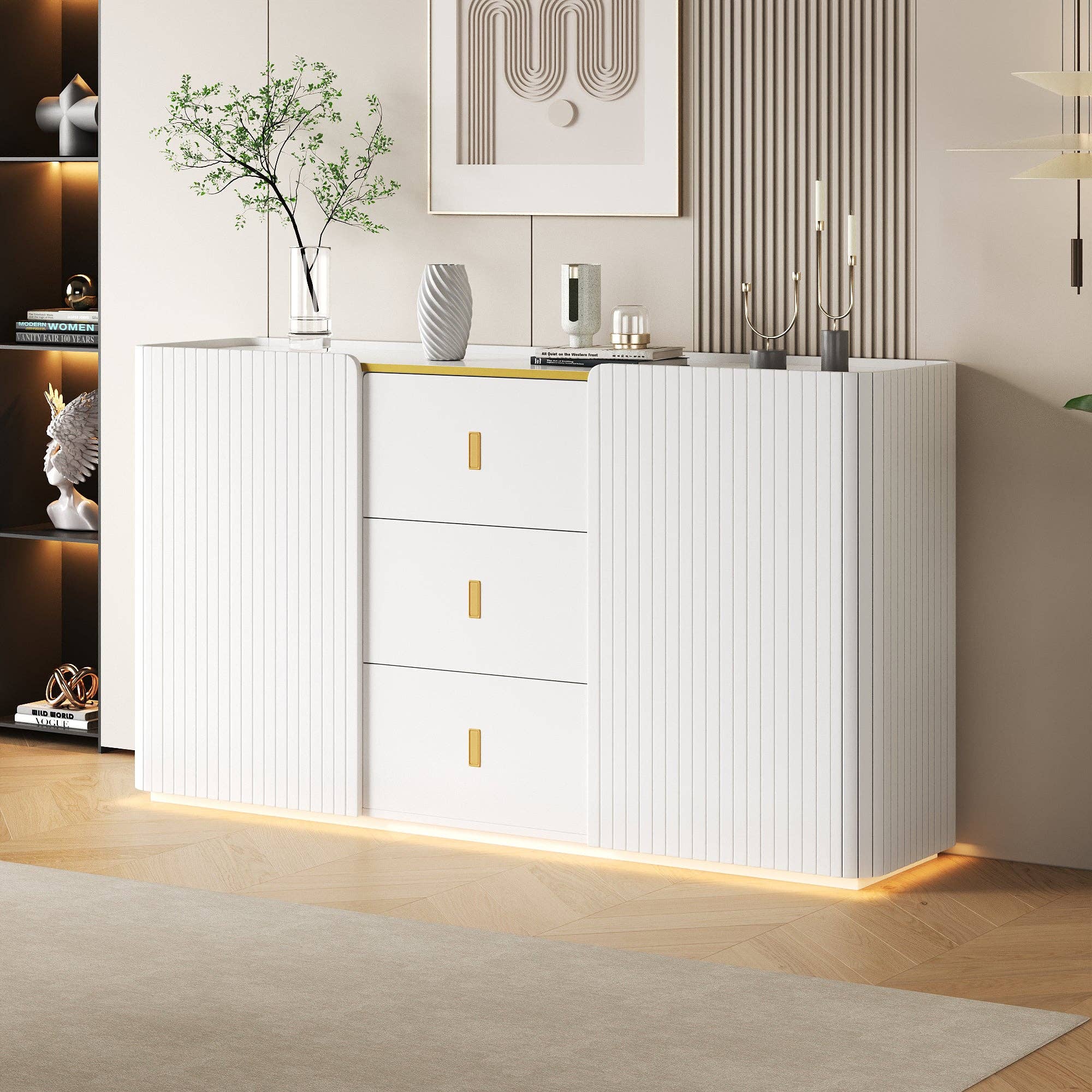 Urban Meuble – Aparador por atacado – Buffet branco elegante 2 portas, 2 gavetas com iluminação LED 150*35*80cm KRAUDREL3