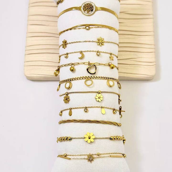 COSMOS - Wholesale Charm/Dangle Bracelet - Set of 12 Gold Stainless Steel Bracelets with Display Stand1
