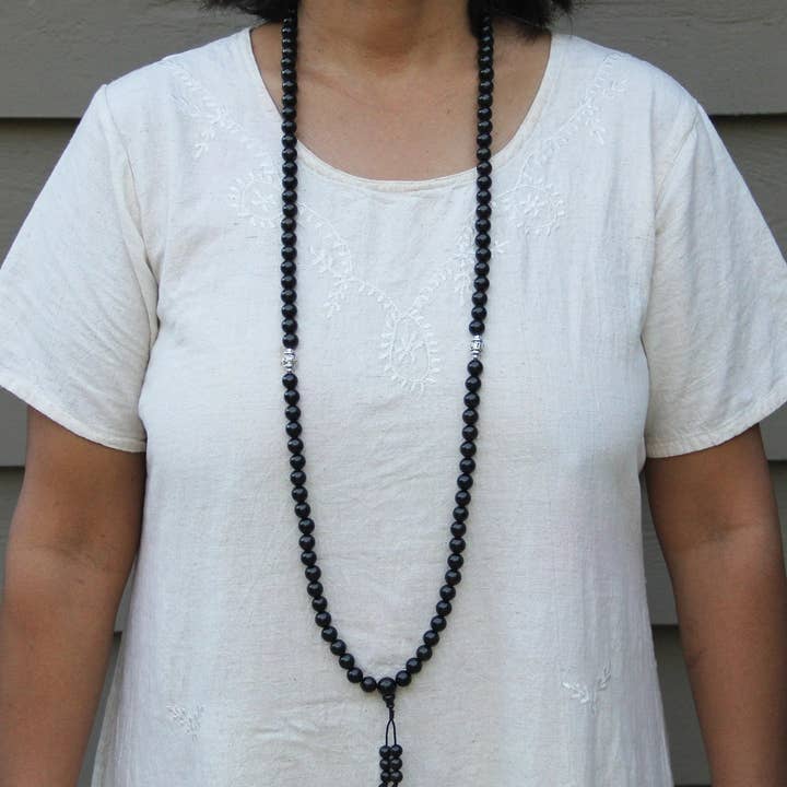 Lungta Imports - Wholesale Prayer beads necklace - Tibetan Mala Buddhist Prayer Beads Rosary Ebony Wood With Silver Spacers Free Silk Pouch5