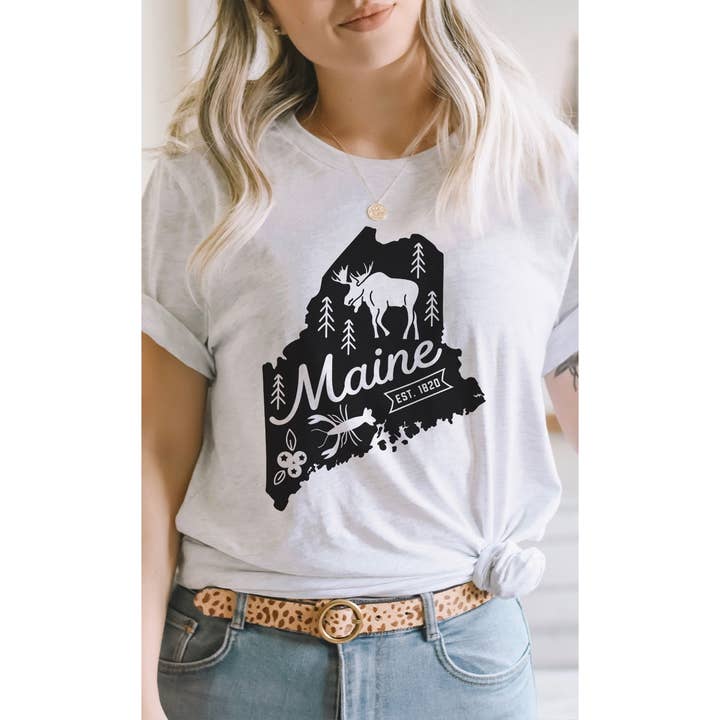 Maine State Outline Graphic Tee for wholesale by Kissed Apparel