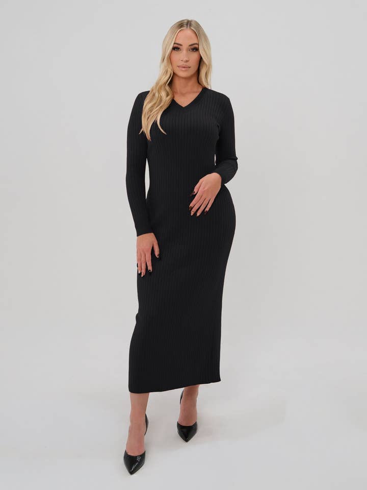Women's Ribbed Long Sleeve V-Neck Midi Sweater Dress for wholesale by MARION