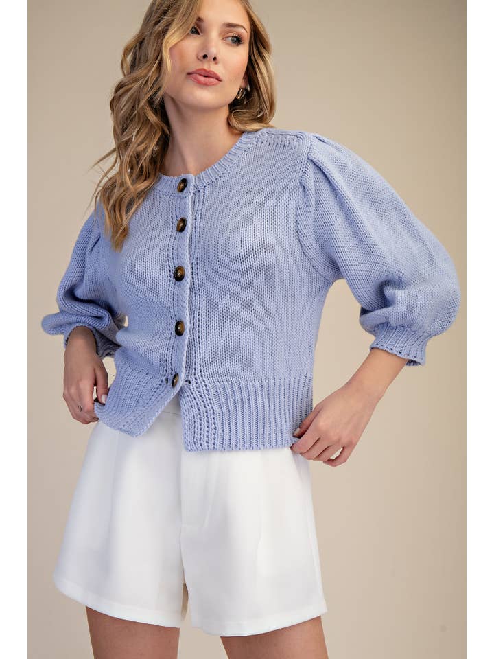 Glam - Wholesale Knit Sweater - Women's - Short Puff Sleeve Button Down Sweater - Reorder Friendly