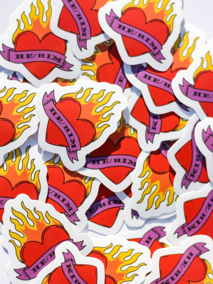 Flaming Heart Pronoun LGBTQIA+ Stickers for wholesale by Rainbow Certified