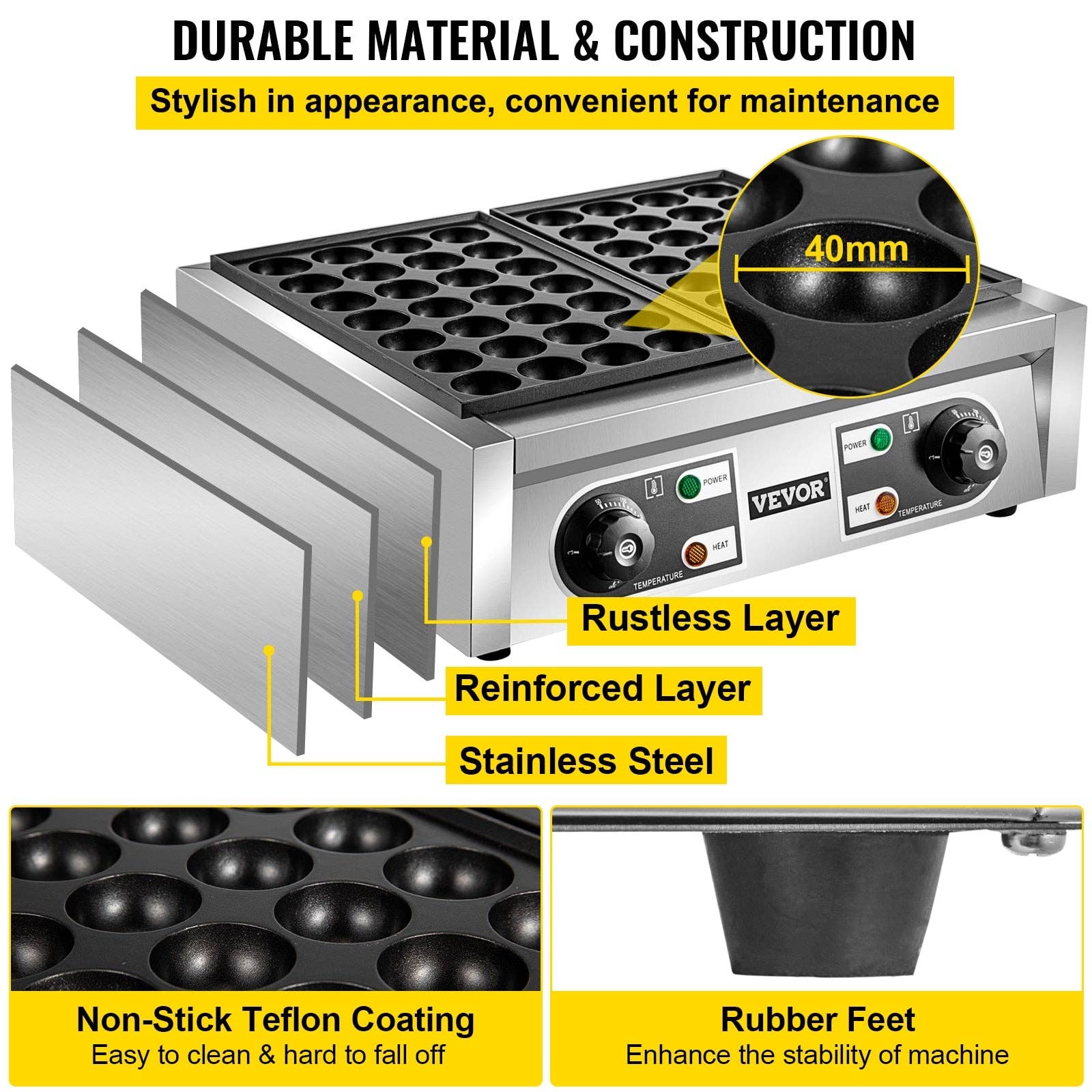 BlakOutlet – Engroshandel Køkkenudstyr – Elektrisk takoyaki-maskine til erhverv med dobbelt non-stick bageplade til 56 blæksprutter4