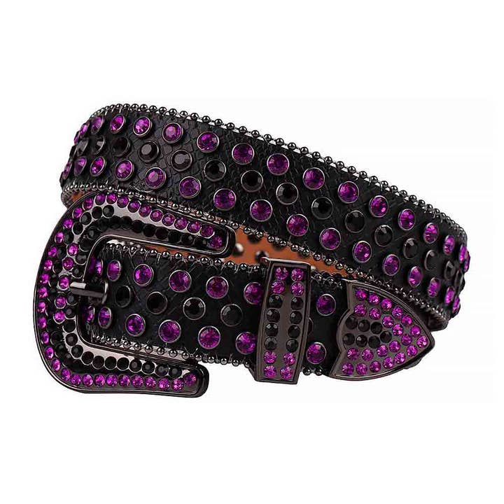 Cintura nera con strass e diamanti in cristallo nero viola con fibbia nera tempestata di strass di cristalli neri viola per la vendita all'ingrosso da parte di Rhinestone Belt Store