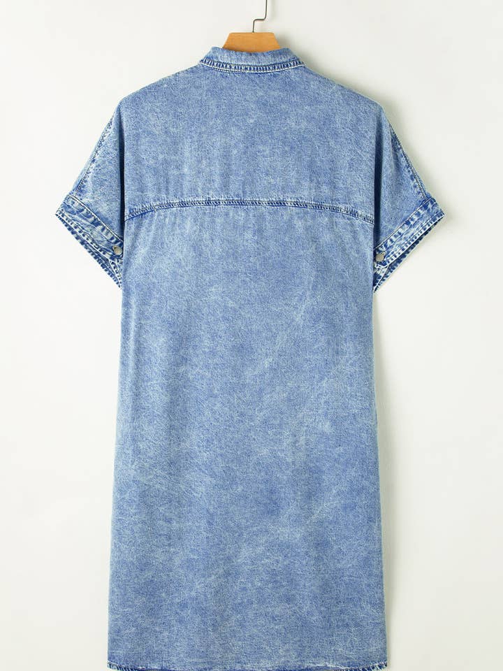 Light Blue Loose Medium Wash Chambray Dress with Short Sleeves for wholesale on Faire16