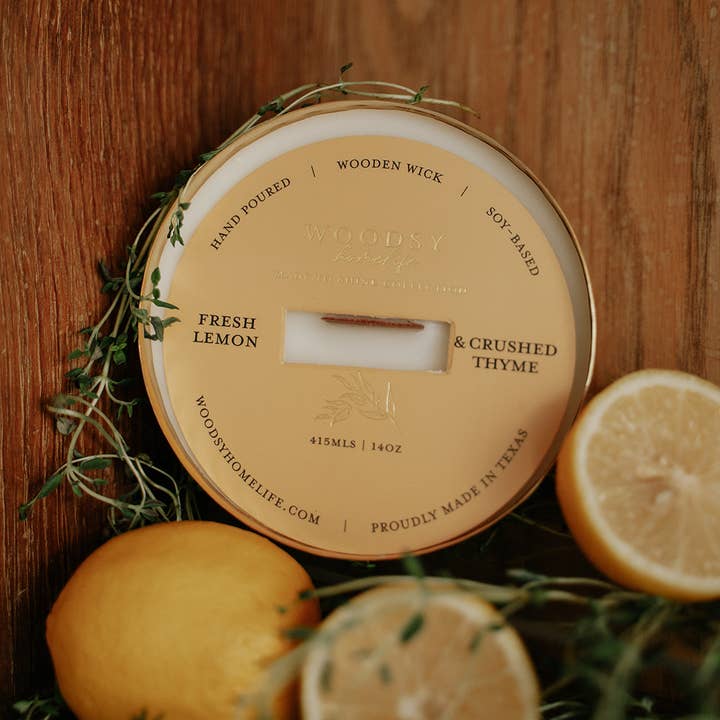 Woodsy Homelife - Vente Bougie en bocal - Bougie de soja pur 14 oz au citron frais et au thym concassé en laiton massif0