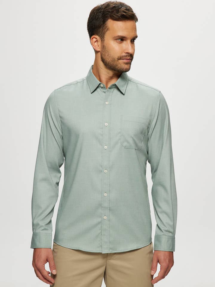 Ryan Stretch Shirt in Sage Chambray for wholesale by Julian & Mark