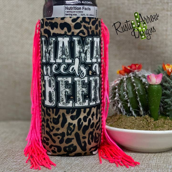 Slim Cheetah Mama Needs a Beer Fringe Koozie for wholesale by RAD Wholesale