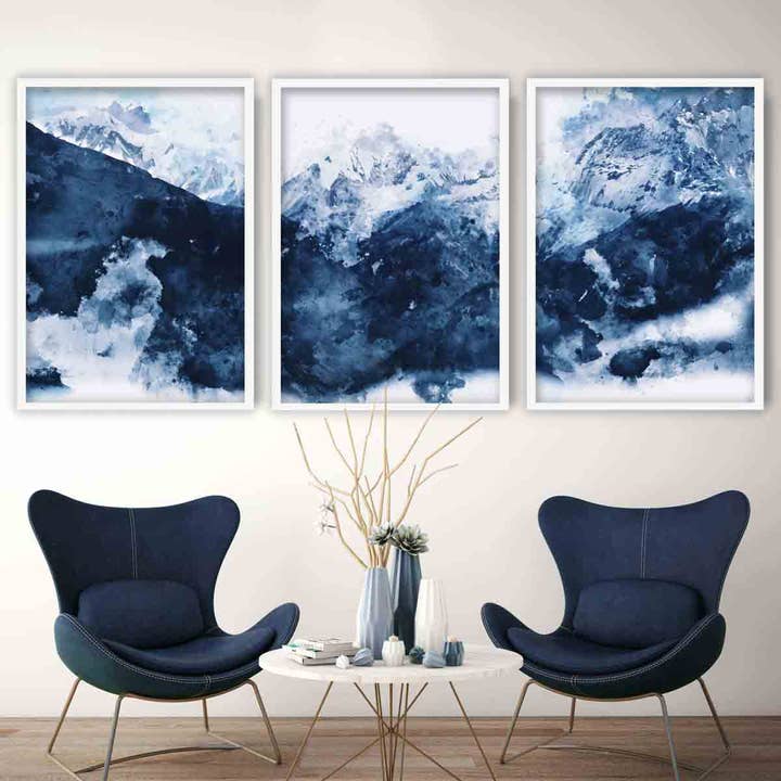 Set of 3 Abstract Art Prints of Paintings Navy Blue Mountain for wholesale by Artze Wall Art