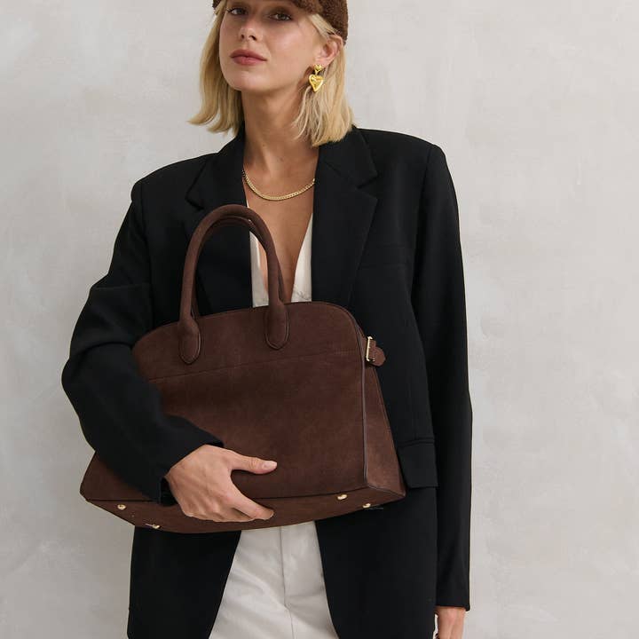 Angels Whisper Accessories - Wholesale Top Handle Bag - Women's - Clemence Tote Bag in Brown Suede