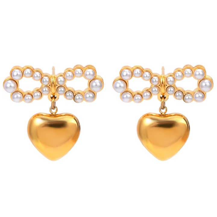 Pearl Heart Bow Earrings for wholesale by Savvy Bling