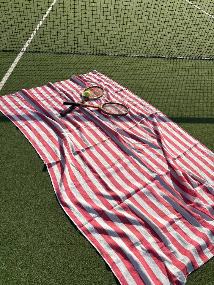 Red and White Stripe Linen Tablecloth for wholesale by Dinette (USA Shipping)