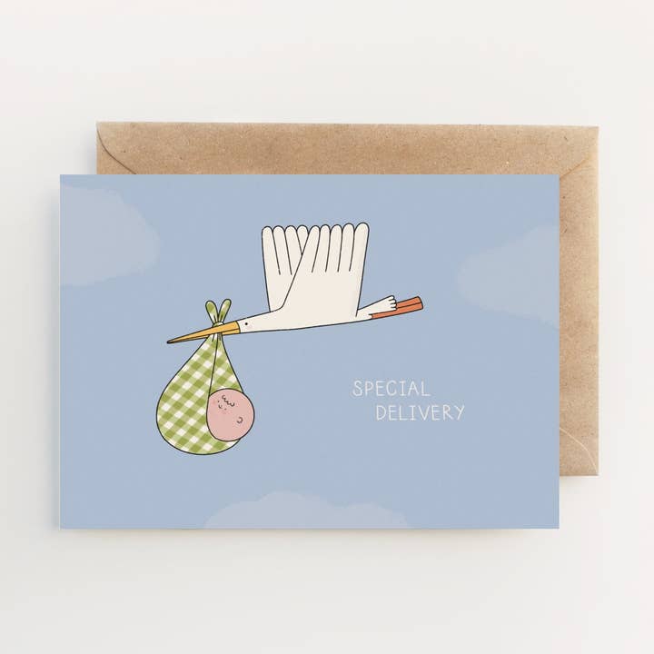 Special Delivery New Baby Greetings Card for wholesale by Hollie Fuller