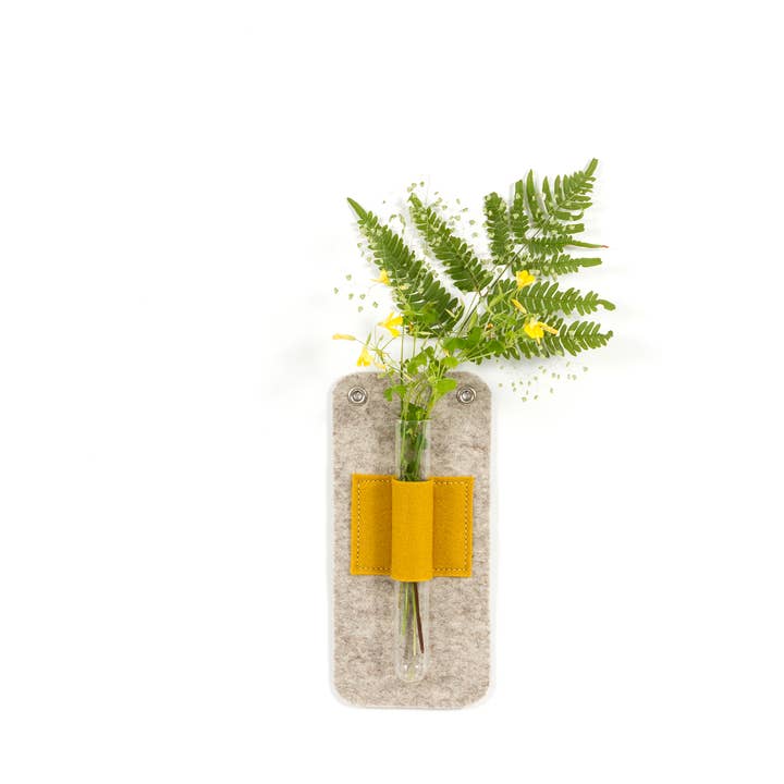 Merino Wool Felt Wall Mounted Stem Vase - Mustard Yellow for wholesale by Studio 82°