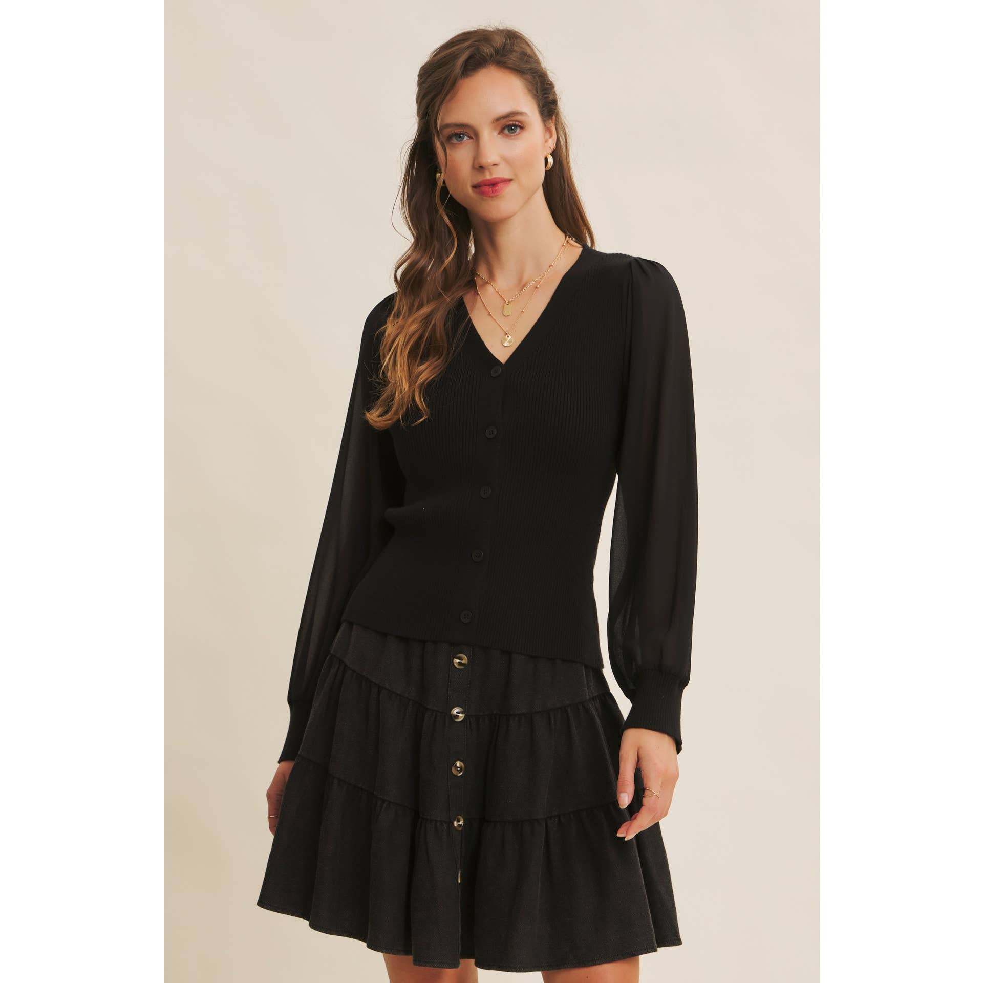 in february - Wholesale Cardigan - Women's - FITTED RIB SWEATER CARDIGAN WITH SHEER CHIFFON SLEEVES13