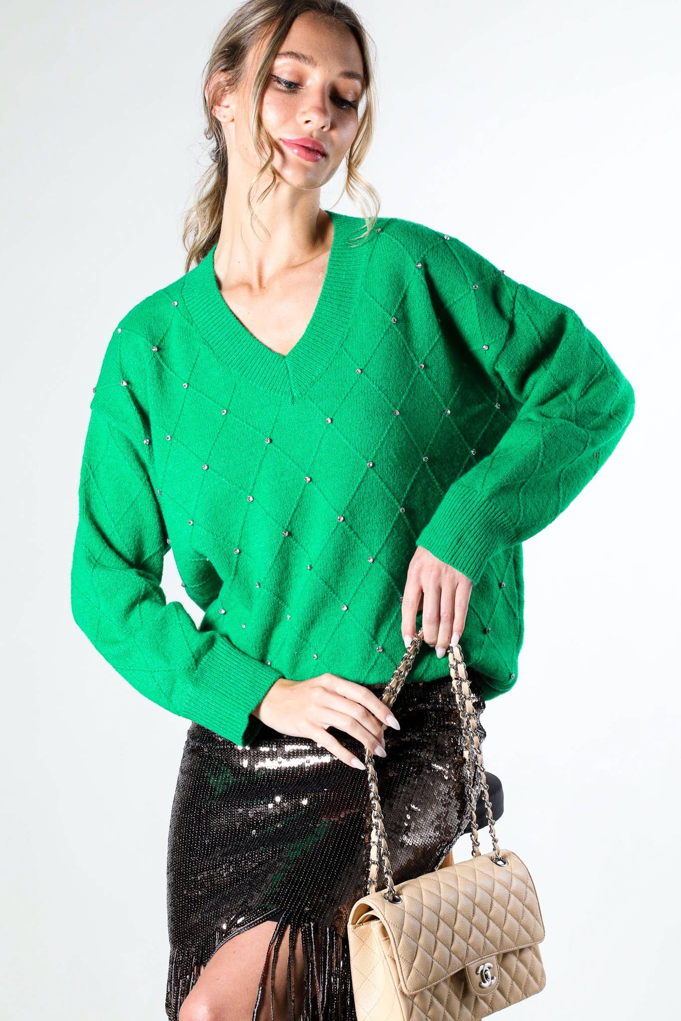 Vine & Love - Vendita all'ingrosso Maglione tricot - Donna - Maglione a maglia con scollo a V e accenti di strass a rombi VT81546-11