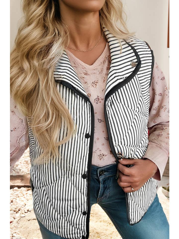Little Daisy Closet - Wholesale Outerwear Vest - Women's - LDC Stripe Contrast Trim Button Collared Vest| S-4X6