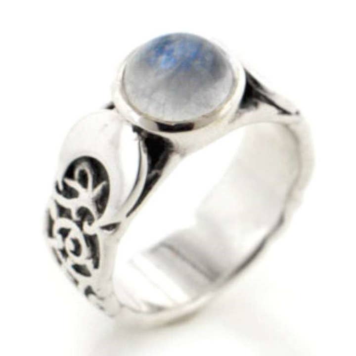 Sterling Silver Lunar Moon Phases and Rainbow Moonstone Ring for wholesale by Silver Insanity