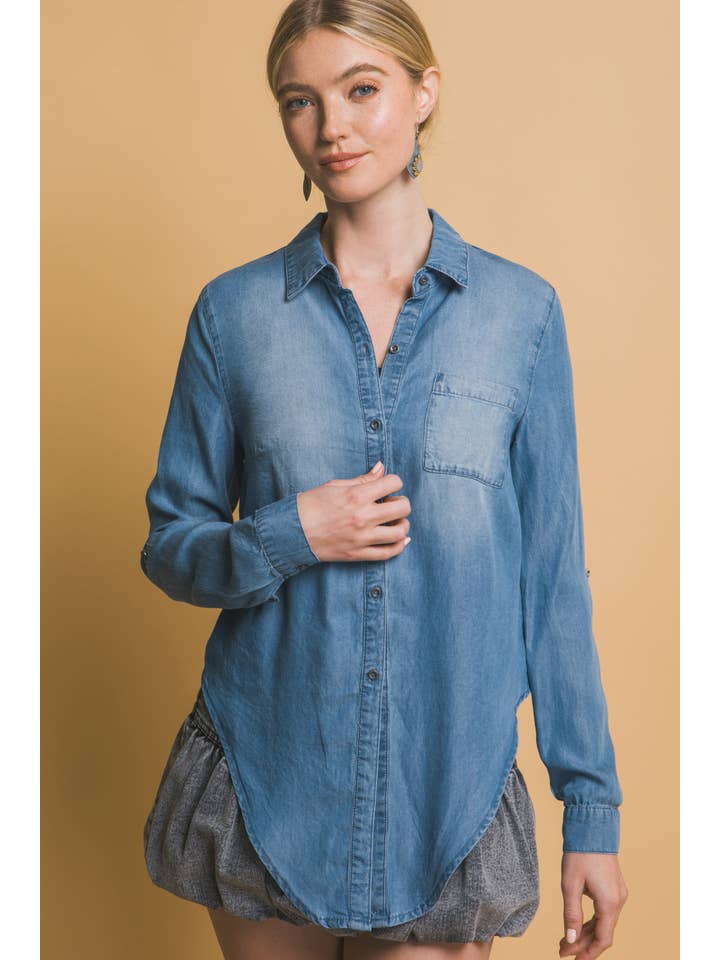 Peace Love Line - Wholesale Shirt - Women's - PL5683 - TIE FRONT TENCEL BUTTON UP SHIRT