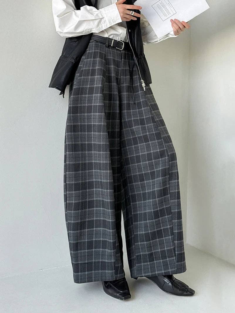 Simple Moderne – Großhandel Hose – Damen – Gotische Karo-Superweite Hose — Graues Fensterkaro3