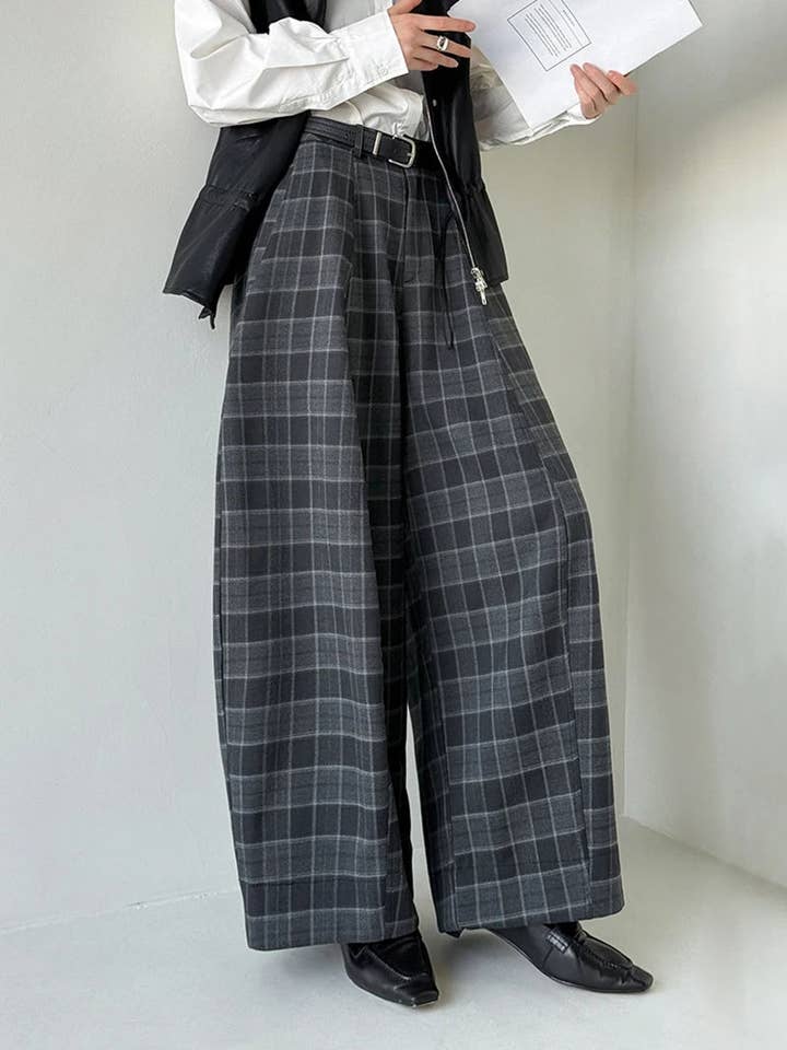 Simple Moderne – Großhandel Hose – Damen – Gotische Karo-Superweite Hose — Graues Fensterkaro3