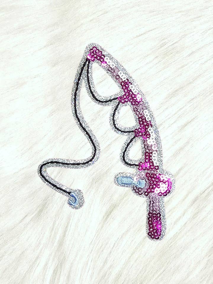 Pink Fishing Pole Rod Sequin Silver Glitter Iron On Patch for wholesale by Scratch Decor