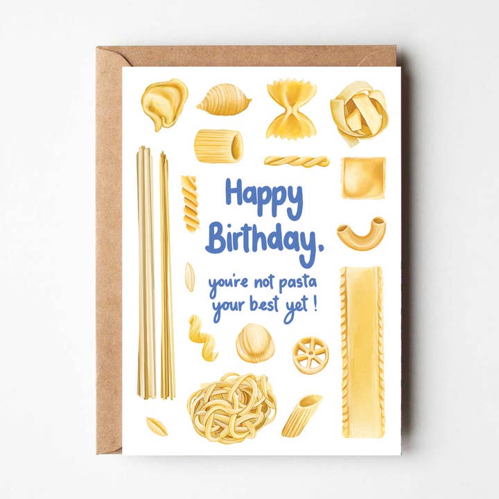 Happy Birthday – Du bist noch nicht am Nudel-Höhepunkt - Lustige Grußkarte für den Großhandel von Katie Tinkler illustration