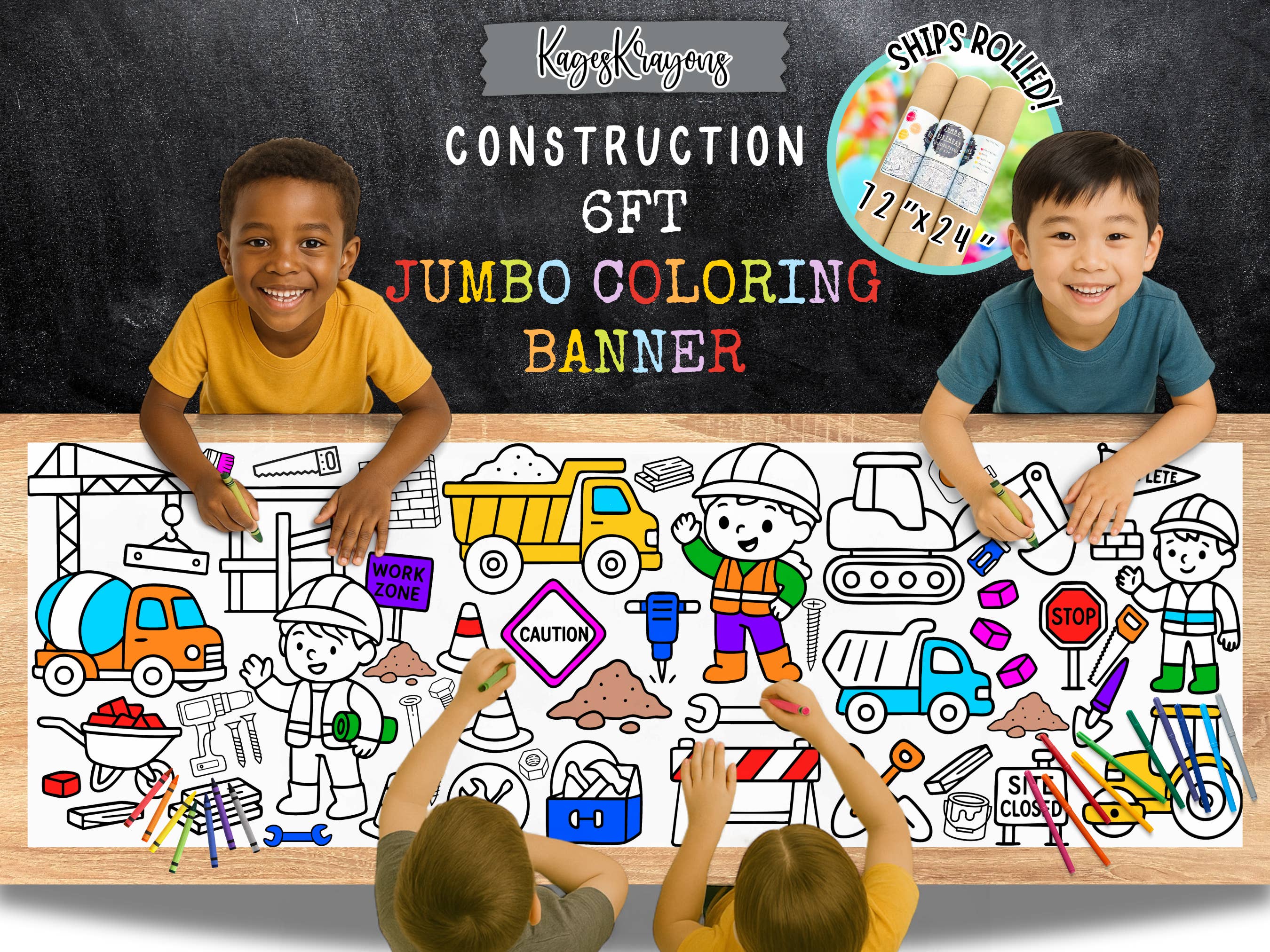 KagesKrayons - Wholesale Colouring tablecloth – Child & baby - 6 Foot Construction Coloring Page Banner - Table Cover