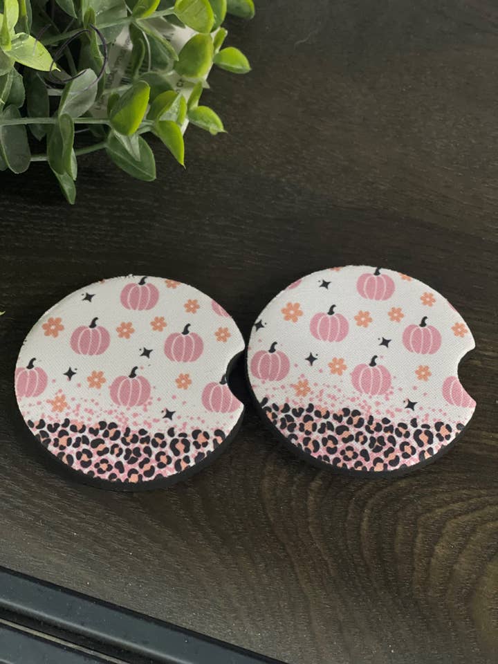 Pink Leopard Pumpkins Car Coaster Set for wholesale by CMD Wholesale