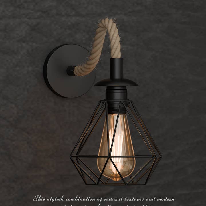 Applique murale rétro cage en diamant 15 cm | Luminaire en corde de chanvre E27 ~6484 pour la vente par Ledsone