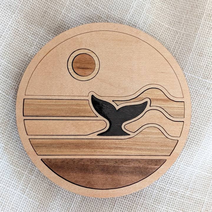 Ocean Whale Tail Coaster - Wood Inlay - Made in Canada for wholesale by Foxwood Gifts Canada