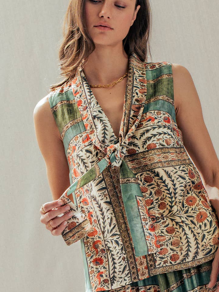 Botanical Bird Print Tie-Front Tencel Blend Top for wholesale by Urban Daizy
