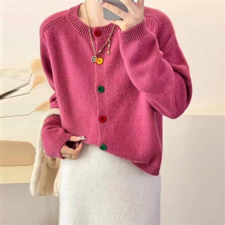 Solid Color Long Sleeve Colorful Buttons Casual Knitted Cardigan Sweater for wholesale by OceanusSwim