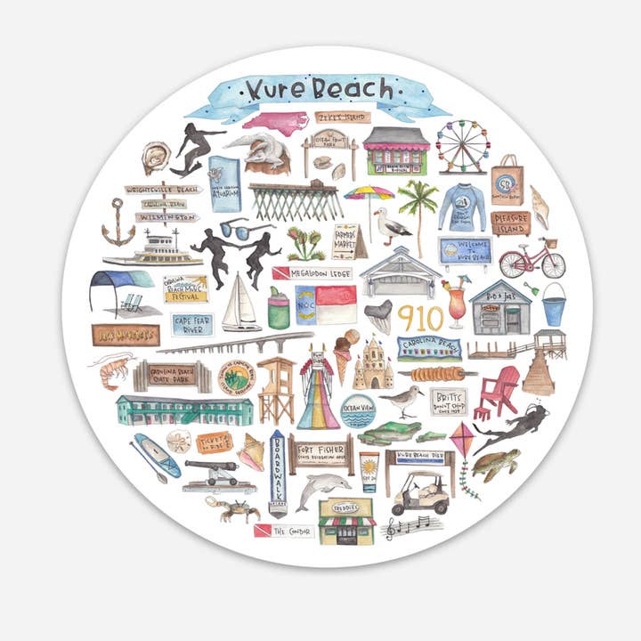 Kure Beach, NC Ikon Akvarel Vinyl Klistermærke for engroshandel hos Green Blanky Studio