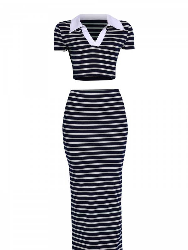 Completo con gonna e colletto a polo a righe per la vendita all'ingrosso da parte di J2 FASHION