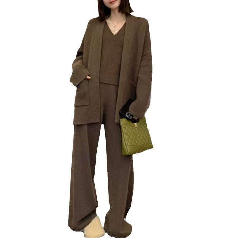 Marayn - Wholesale Top & Pant Set (NOT Loungewear) - Women's - Luxury AutumnWinter Knit Set Chic Sweater VNeck Wide Pants3