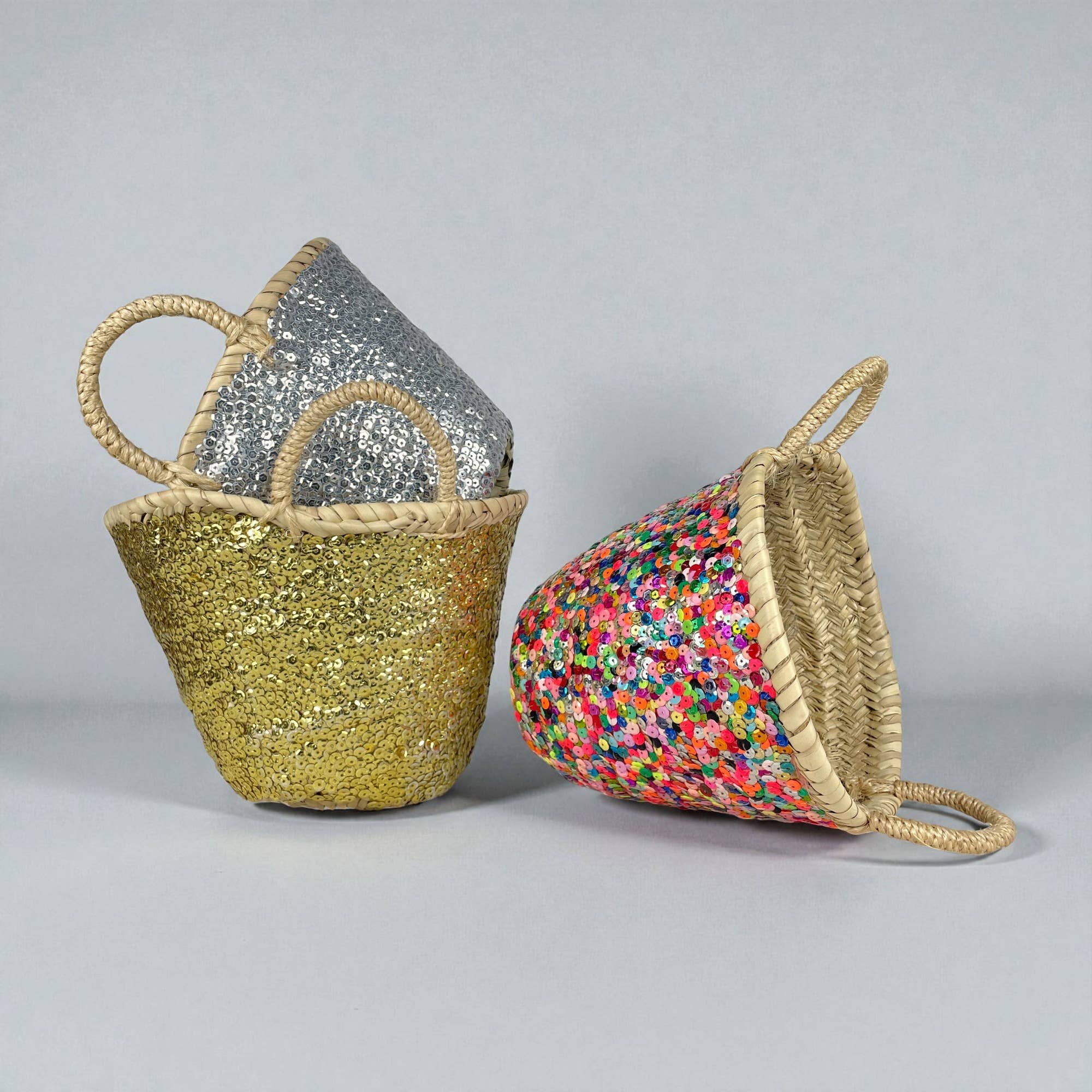 Melecraft - Wholesale Beach bag - Sparkling Mini Sequin Straw Basket - Boho Gift Tote Bag