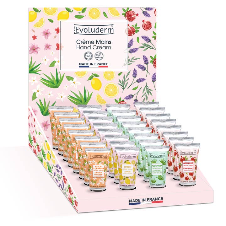 Expositor de Cremas de Manos Deliciosas - 24 Cremas de Manos 30ml para venta al por mayor de Evoluderm