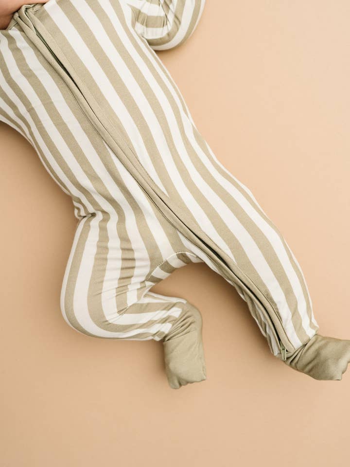 Little One Shop - Wholesale Sleepsuit - Baby - Olive Stripe Bamboo Sleeper1