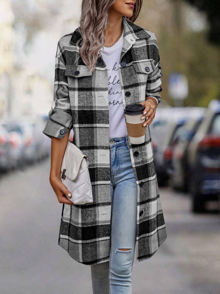 eLook - Vente Manteau – femme - Manteau long boutonné à carreaux SZ1-JK82112