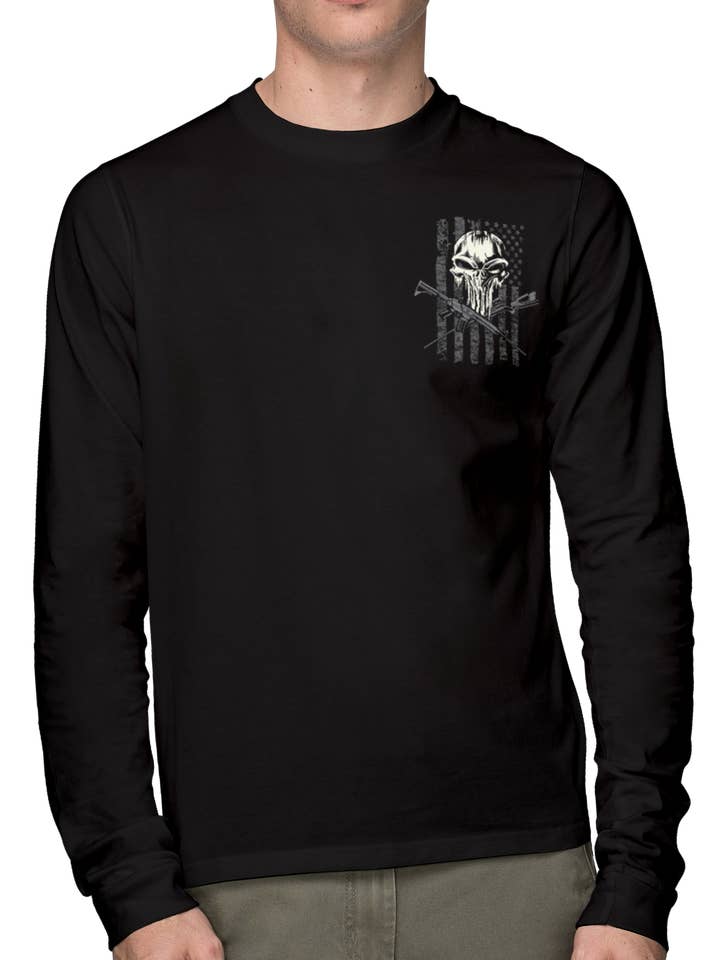 Maglietta a maniche lunghe da uomo Country Boy® CB Locked & Loaded Skull grigia per la vendita all'ingrosso da parte di Country Girl Store